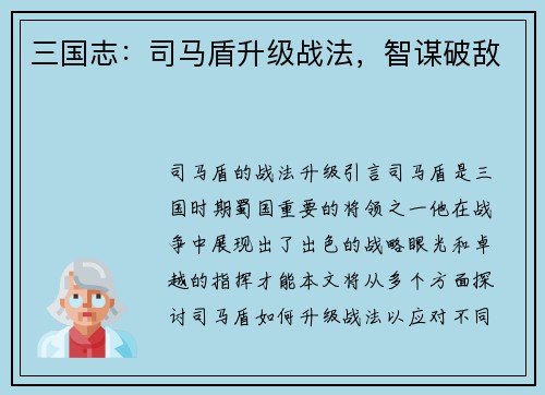 三国志：司马盾升级战法，智谋破敌